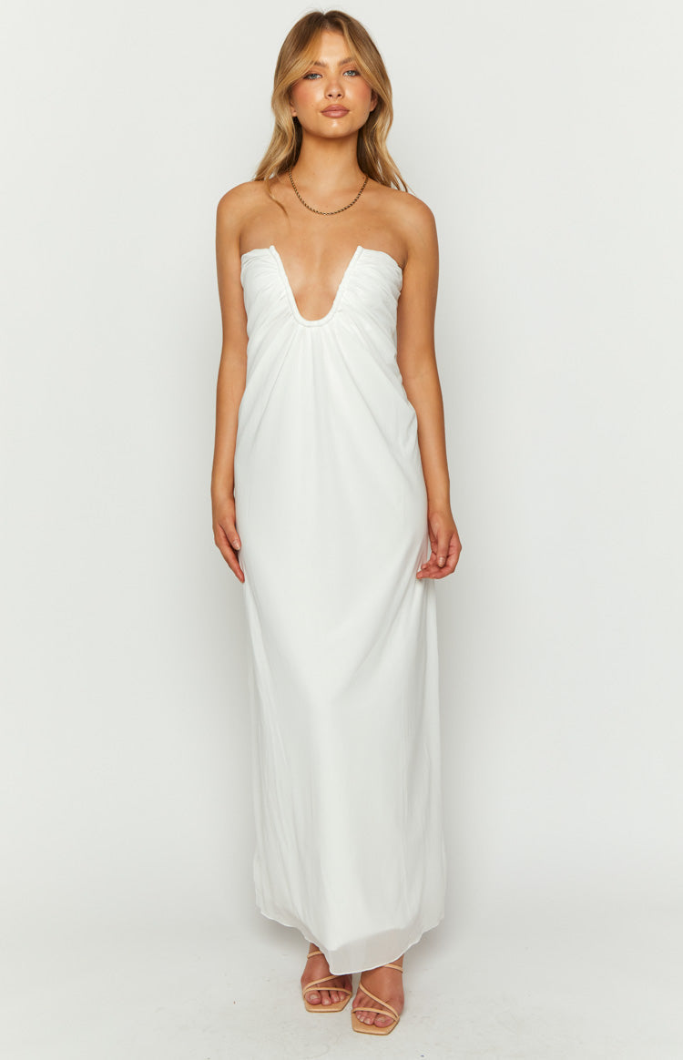 Strapless Plunging U-Wire Gathered Bodice Column Maxi Dress 3