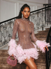 Rhinestone Feather Trimmed Mini Dress