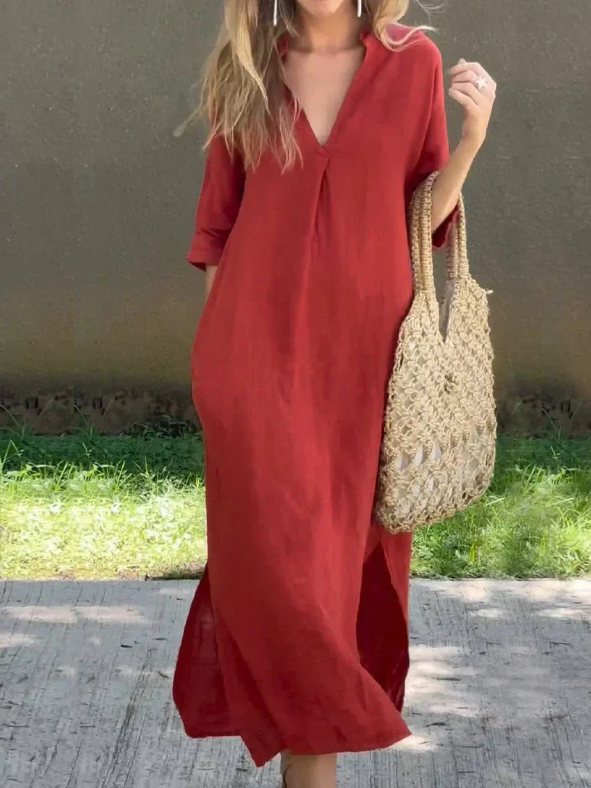 Alexa - Chic V-Neck Summer Maxi Dress Red