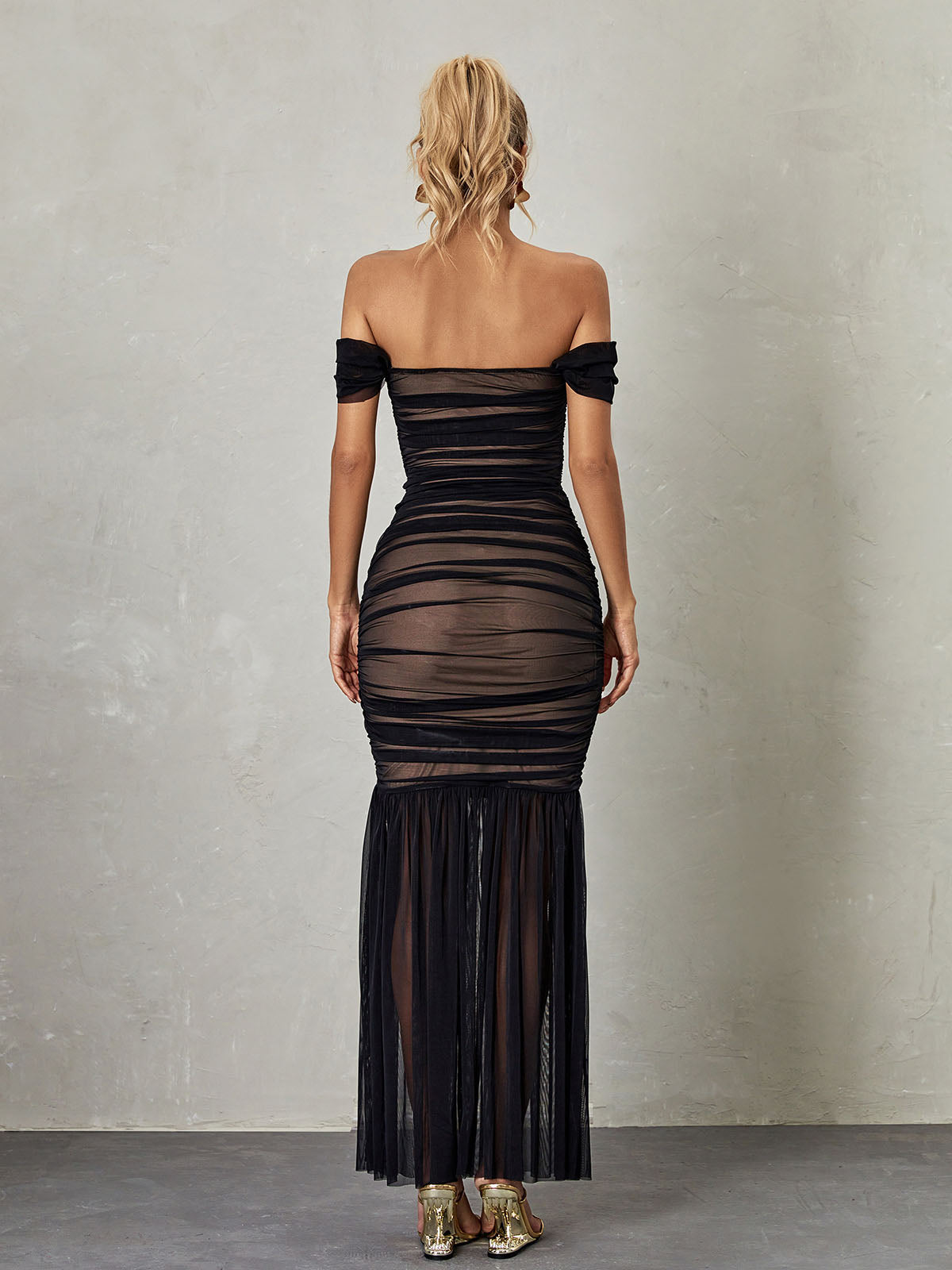 Breigh Off Shoulder Mesh Ruched Maxi Dress 5