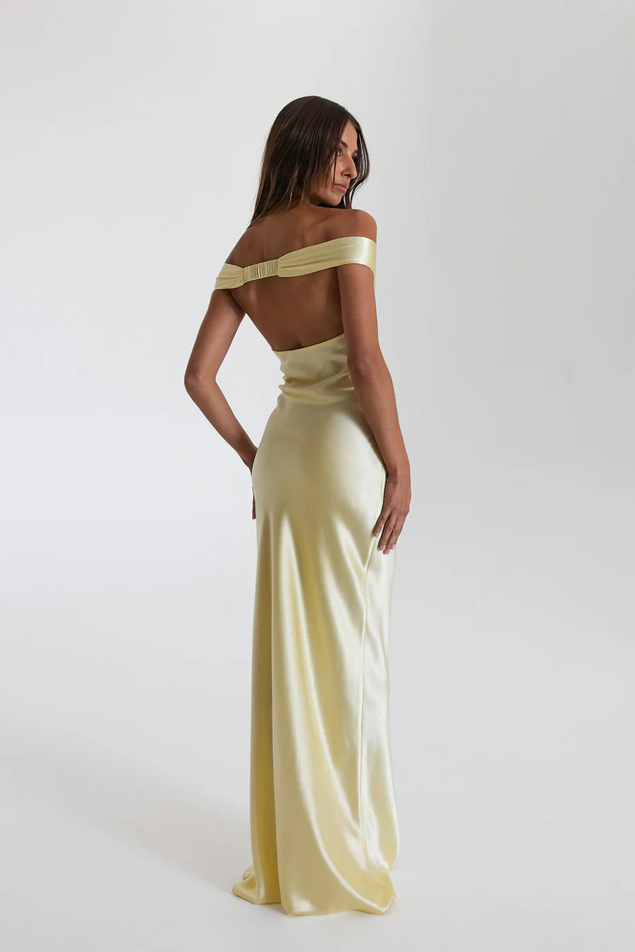 Satin Off Shoulder Sweetheart Neck Ruched Bust Slip Maxi Gown 2