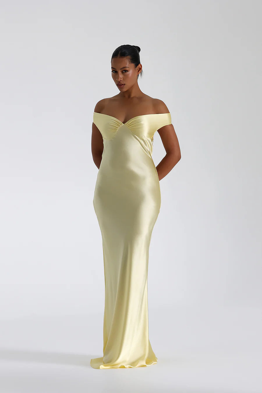 Satin Off Shoulder Sweetheart Neck Ruched Bust Slip Maxi Gown 3