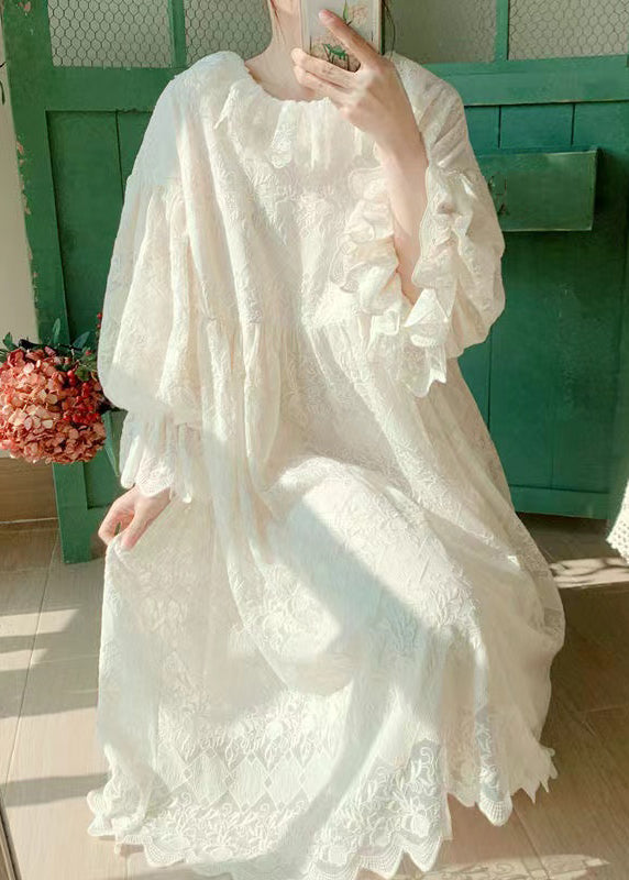 Lace Ruffle Neck Lantern Sleeve Loose Tiered Maxi Dress