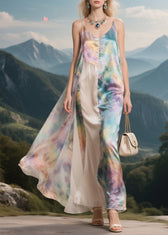 Brief V Neck Patchwork Silk Maxi Spaghetti Strap Dresses Summer 3