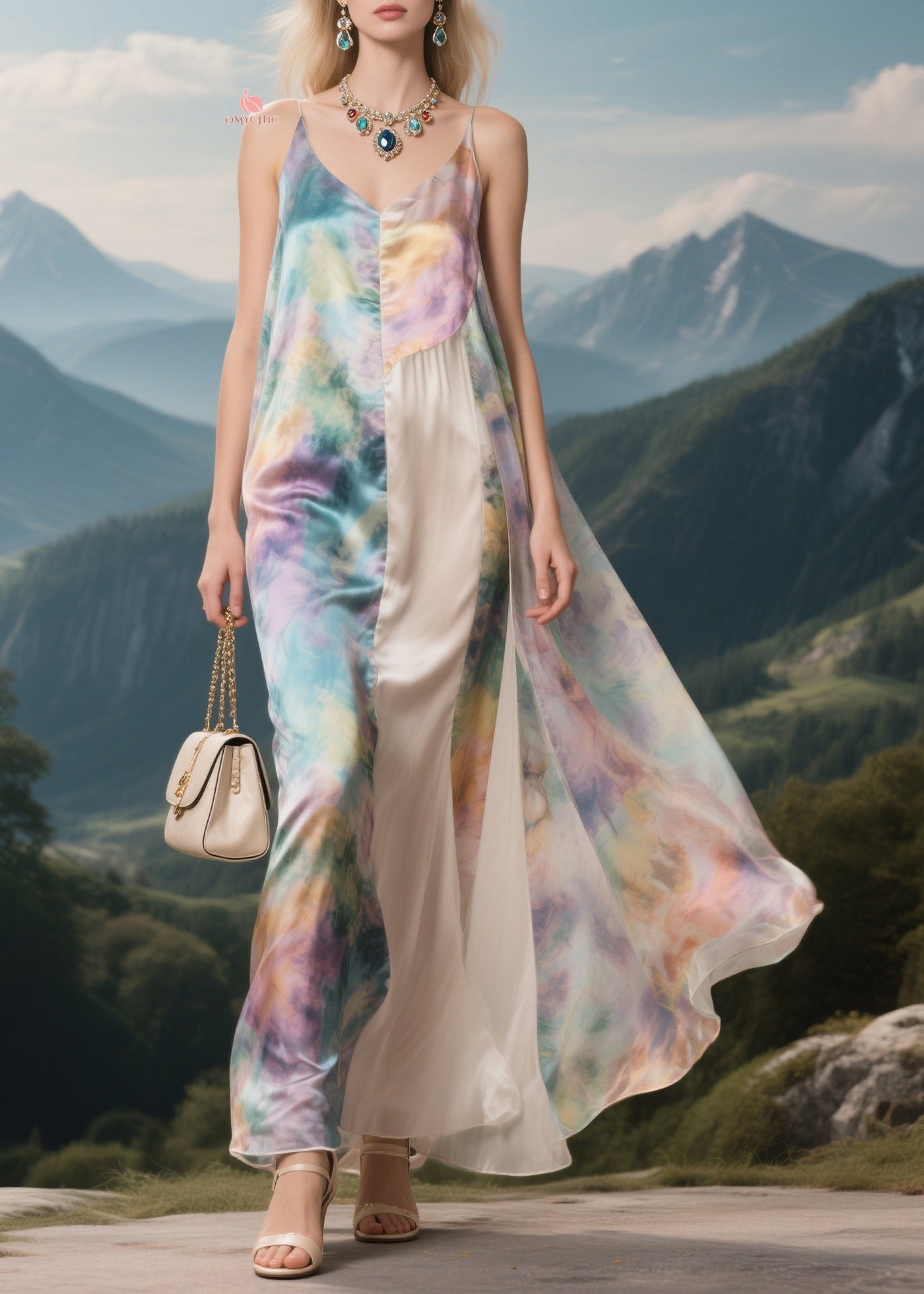 Brief V Neck Patchwork Silk Maxi Spaghetti Strap Dresses Summer 5