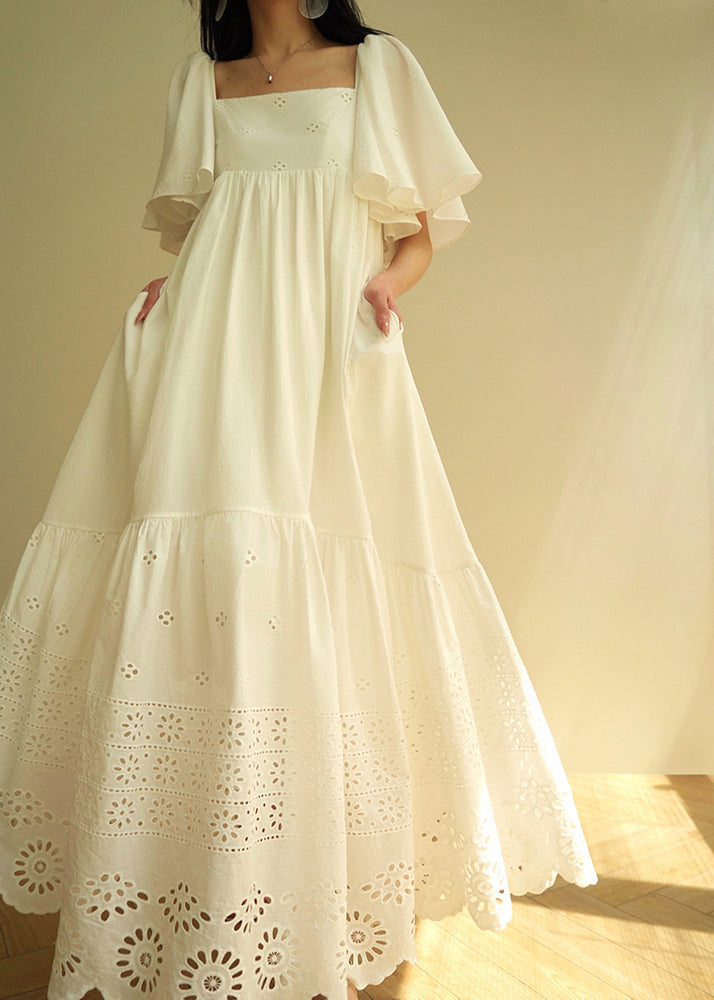 Brief White Square Collar Floral Hollow Out Maxi Dresses Summer