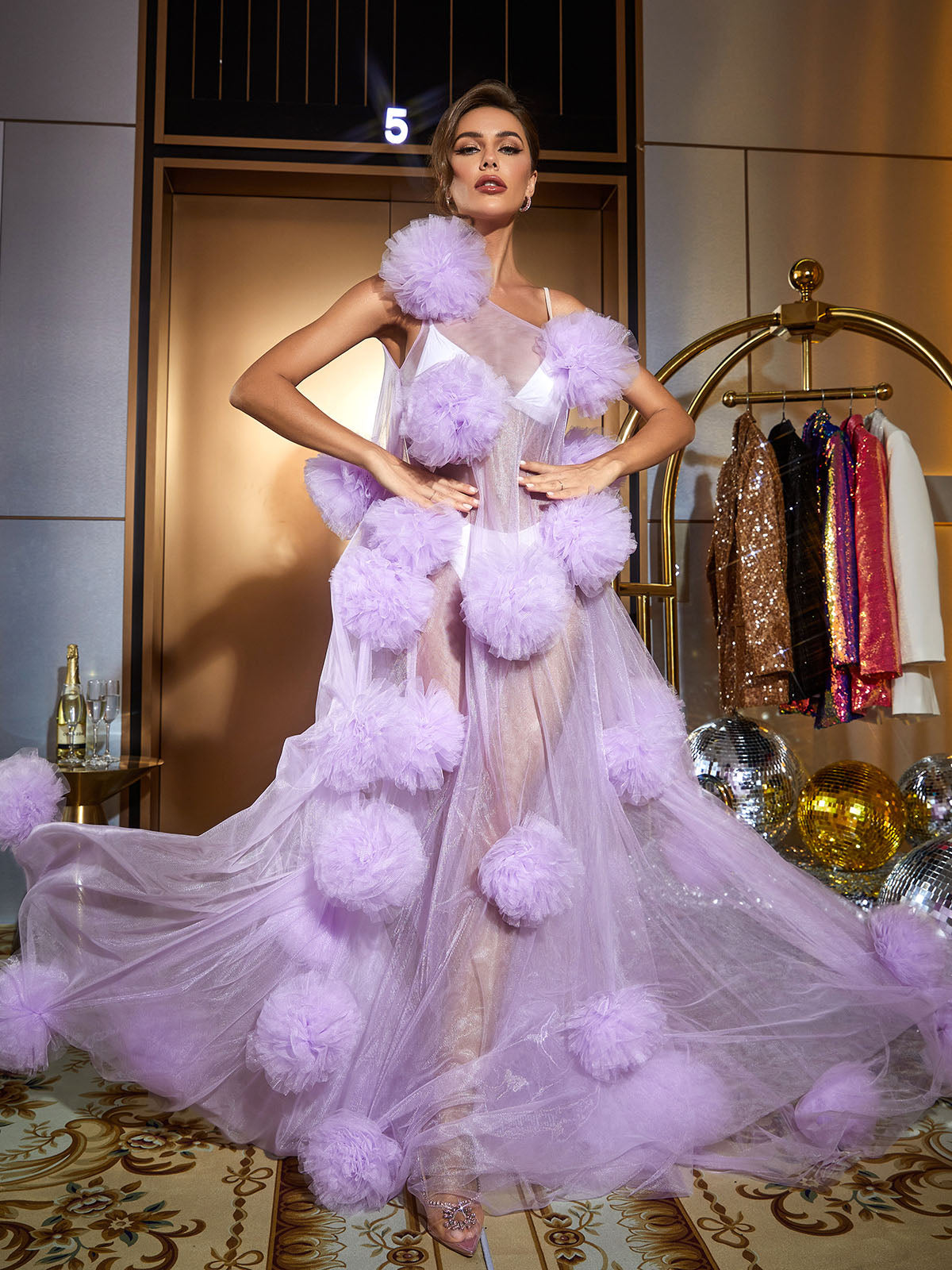Sheer Tulle Pom Pom Applique Sleeveless Flowy Maxi Dress