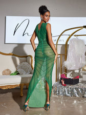 Printed Rhinestone Split Maxi Dress In Green - View 6