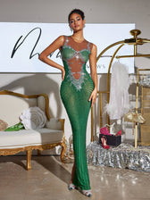 Printed Rhinestone Split Maxi Dress In Green - View 2