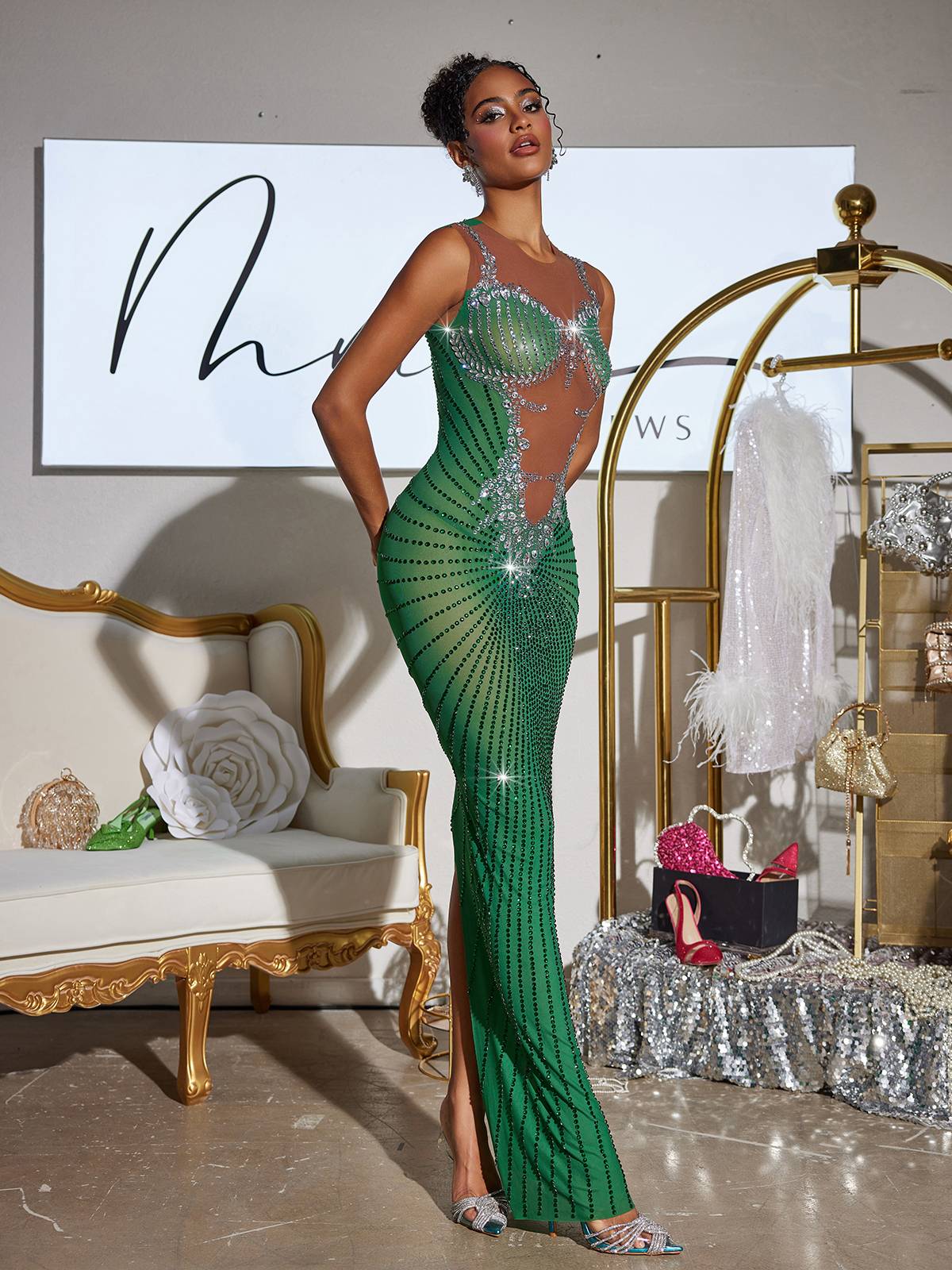 Printed Rhinestone Split Maxi Dress In Green - View 3