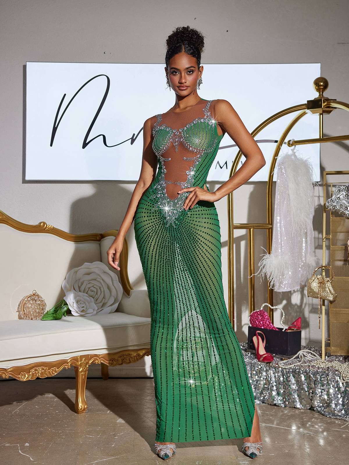 Printed Rhinestone Split Maxi Dress In Green - View 5