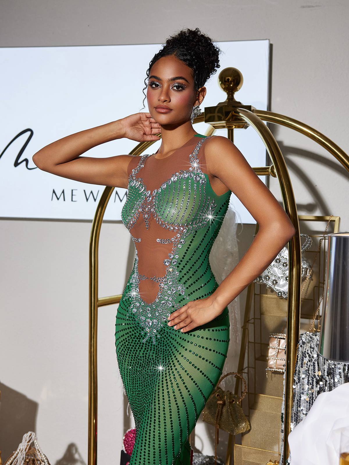 Printed Rhinestone Split Maxi Dress In Green - View 4