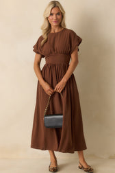 Round Neck Short Sleeve Ruched Waist Midi Dress 2