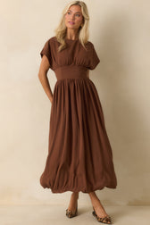 Round Neck Short Sleeve Ruched Waist Midi Dress 6