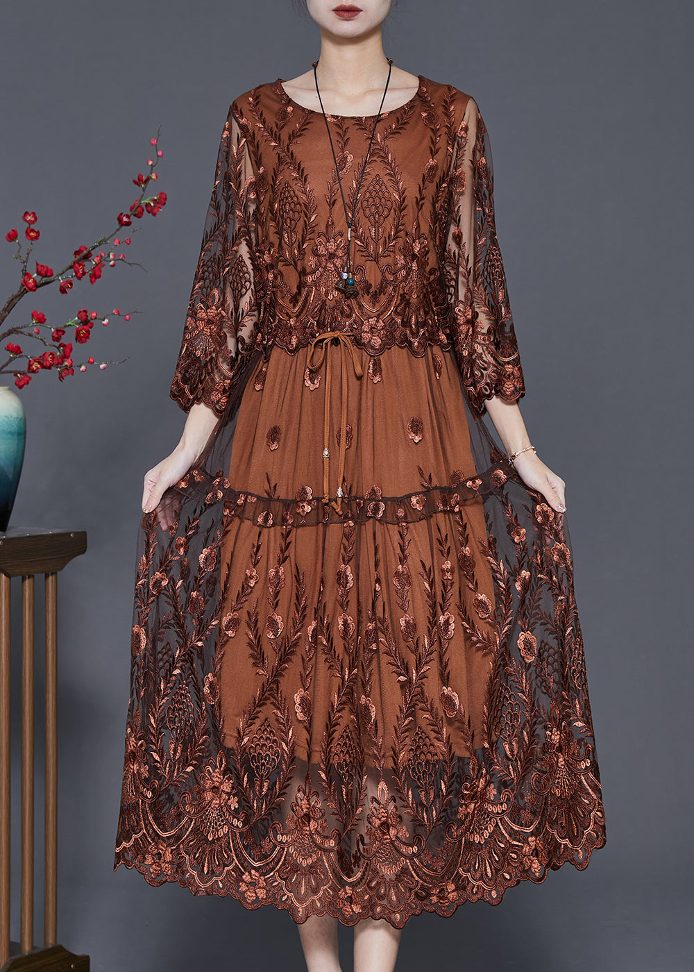 Brown Tulle Maxi Dresses Cinched Embroidered Summer - View 2