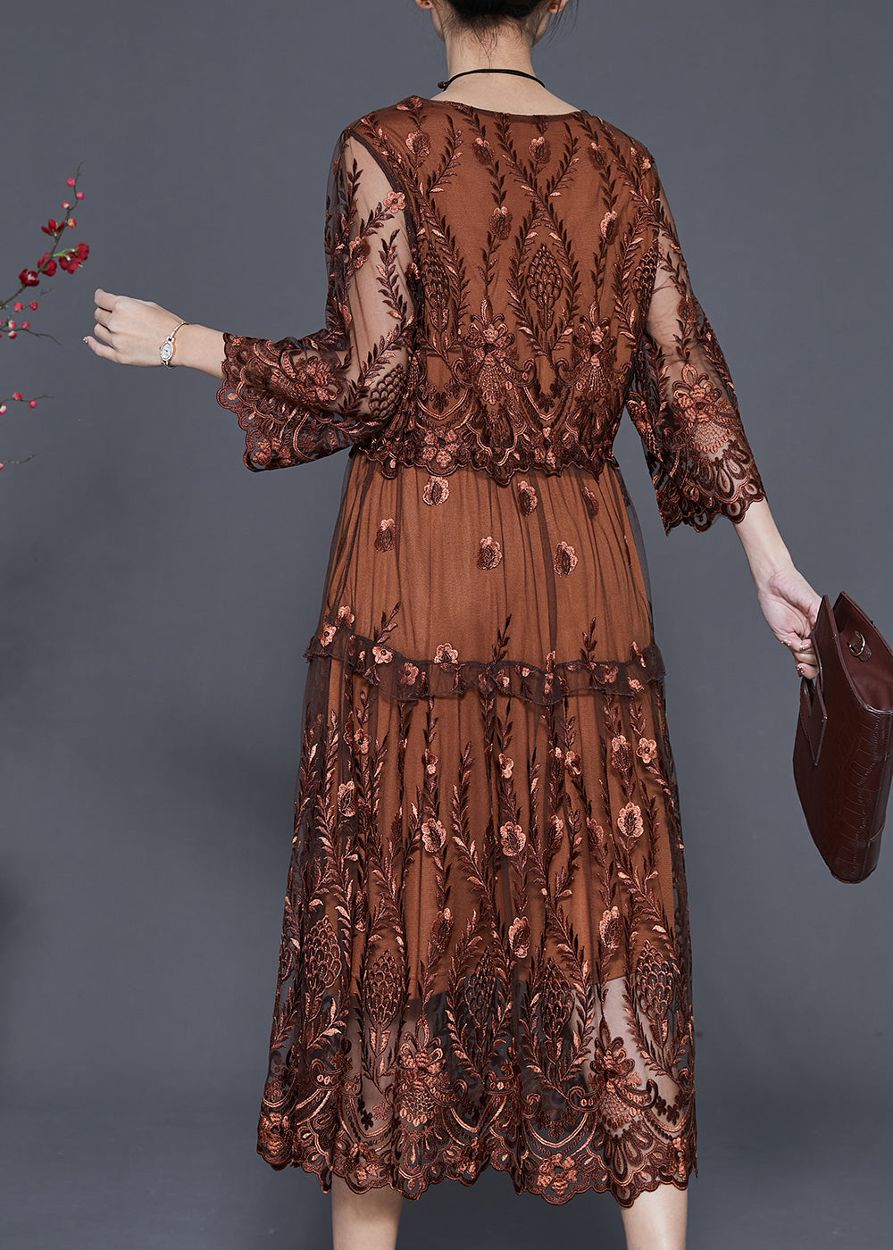 Brown Tulle Maxi Dresses Cinched Embroidered Summer - View 4