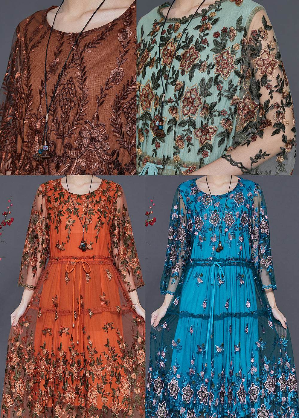 Brown Tulle Maxi Dresses Cinched Embroidered Summer - View 5