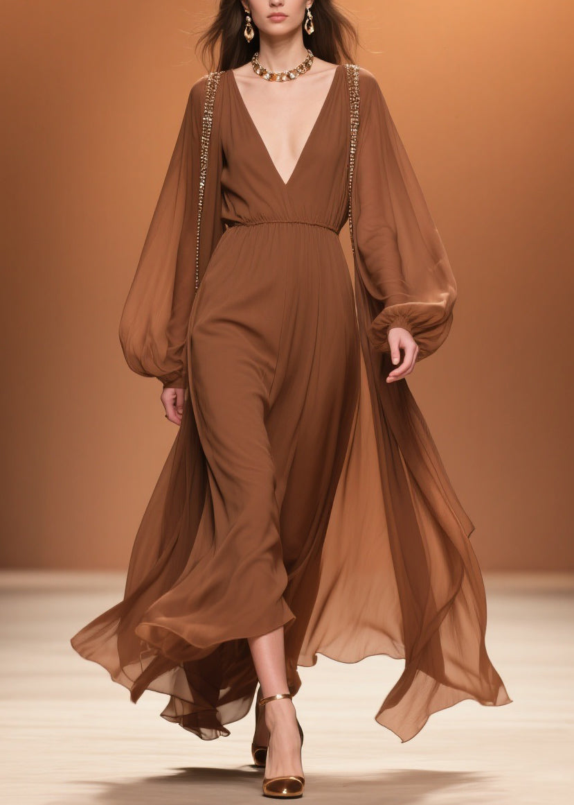 Chiffon Deep V-Neck Beaded Trim Lantern Sleeve Elastic Waist Maxi Dress