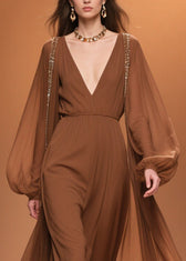 Brown Wrinkled High Waist Chiffon Maxi Dresses V Neck Spring 2