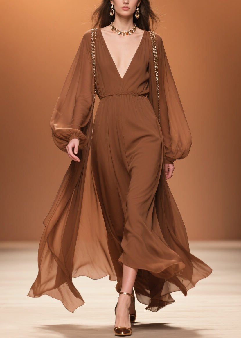 Brown Wrinkled High Waist Chiffon Maxi Dresses V Neck Spring 3