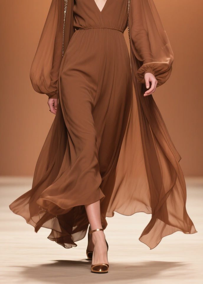 Brown Wrinkled High Waist Chiffon Maxi Dresses V Neck Spring 4