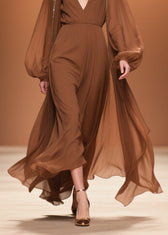 Brown Wrinkled High Waist Chiffon Maxi Dresses V Neck Spring 4