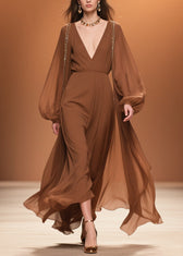 Brown Wrinkled High Waist Chiffon Maxi Dresses V Neck Spring 5