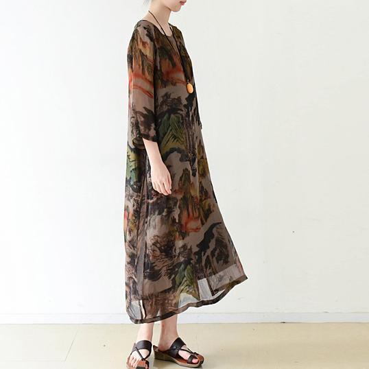 Brown flowy print chiffon dresses maxi dress long sleeve cotton lining 3