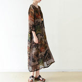 Brown flowy print chiffon dresses maxi dress long sleeve cotton lining 3