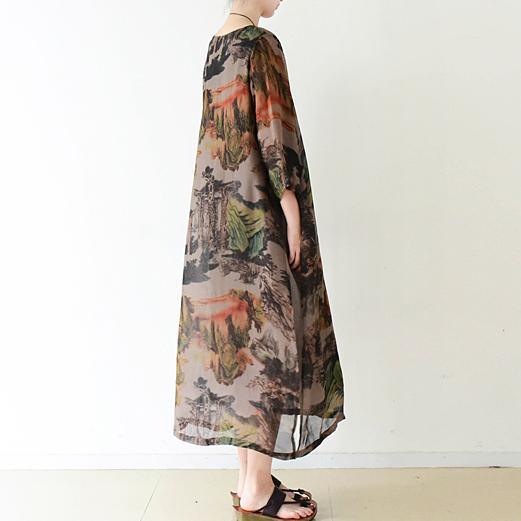 Brown flowy print chiffon dresses maxi dress long sleeve cotton lining 4