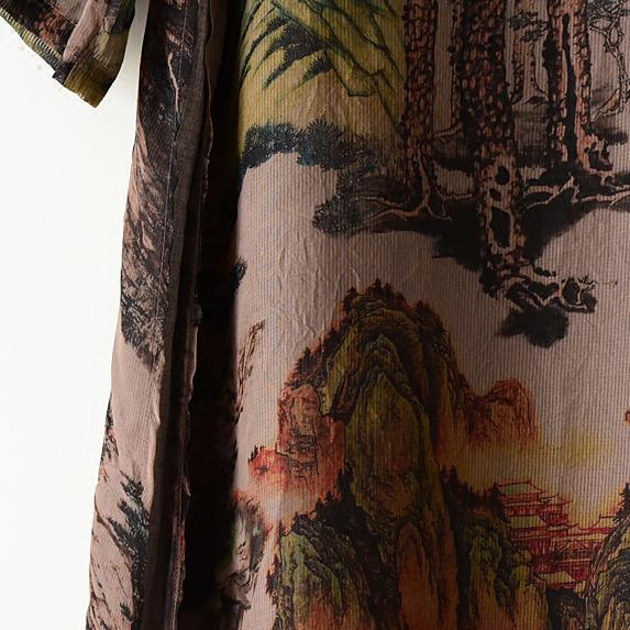 Brown flowy print chiffon dresses maxi dress long sleeve cotton lining 5