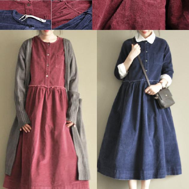 Burgundy corduroy casual maxi dress three quarter sleeve dress