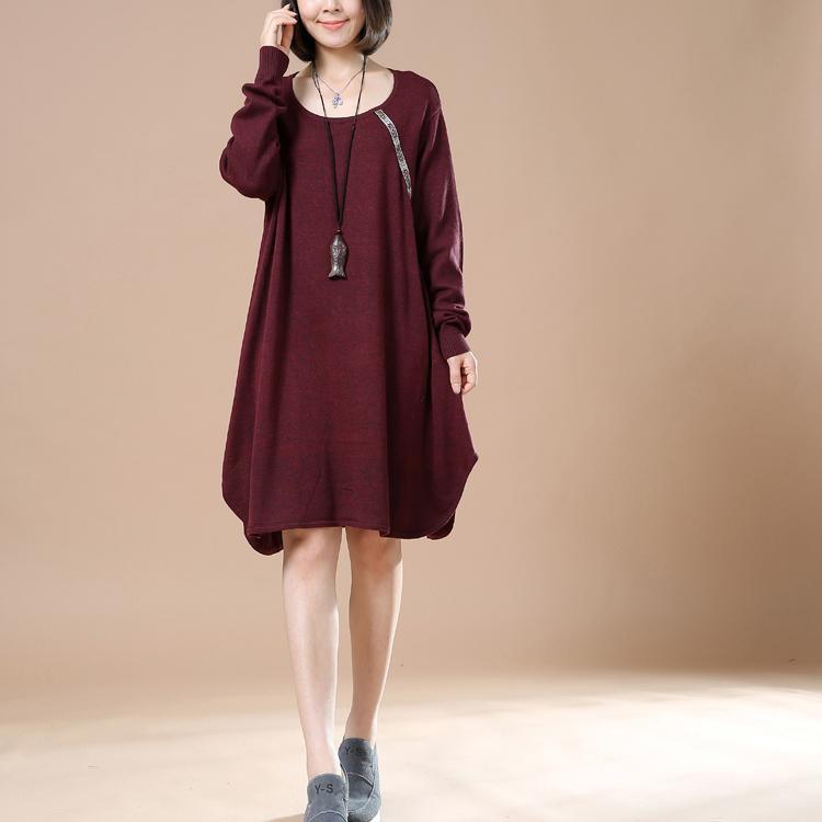 Burgundy cute baggy sweaters long knit dresses witner spring