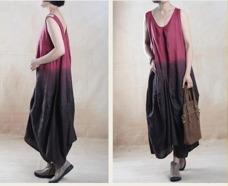 Burgundy gradient Asymmetric linen sundress plus size long maxi dress Two pieces