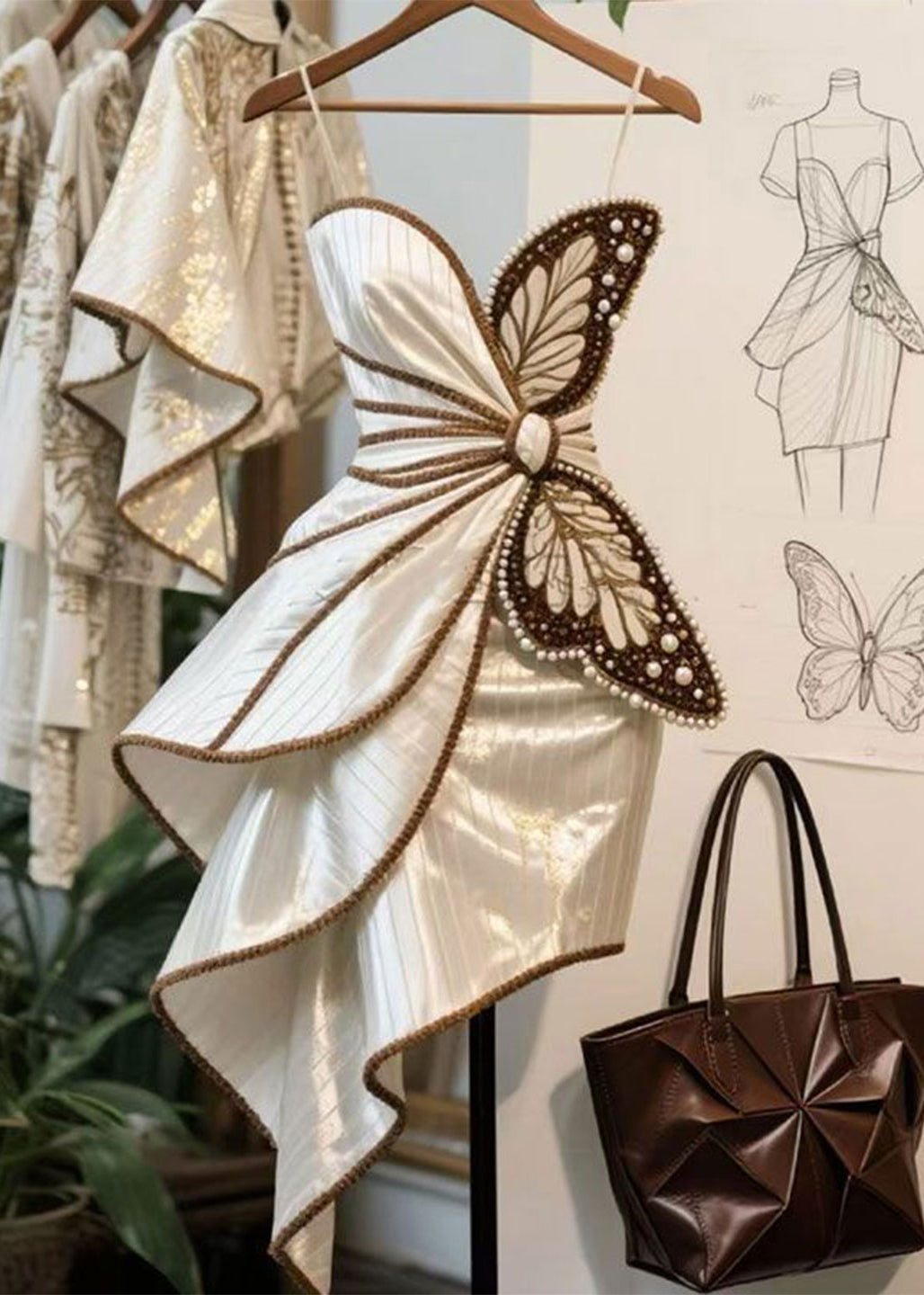 Butterfly Appliqué Pearl Bead Pinstripe Tiered Asymmetrical Spaghetti Strap Mini Dress