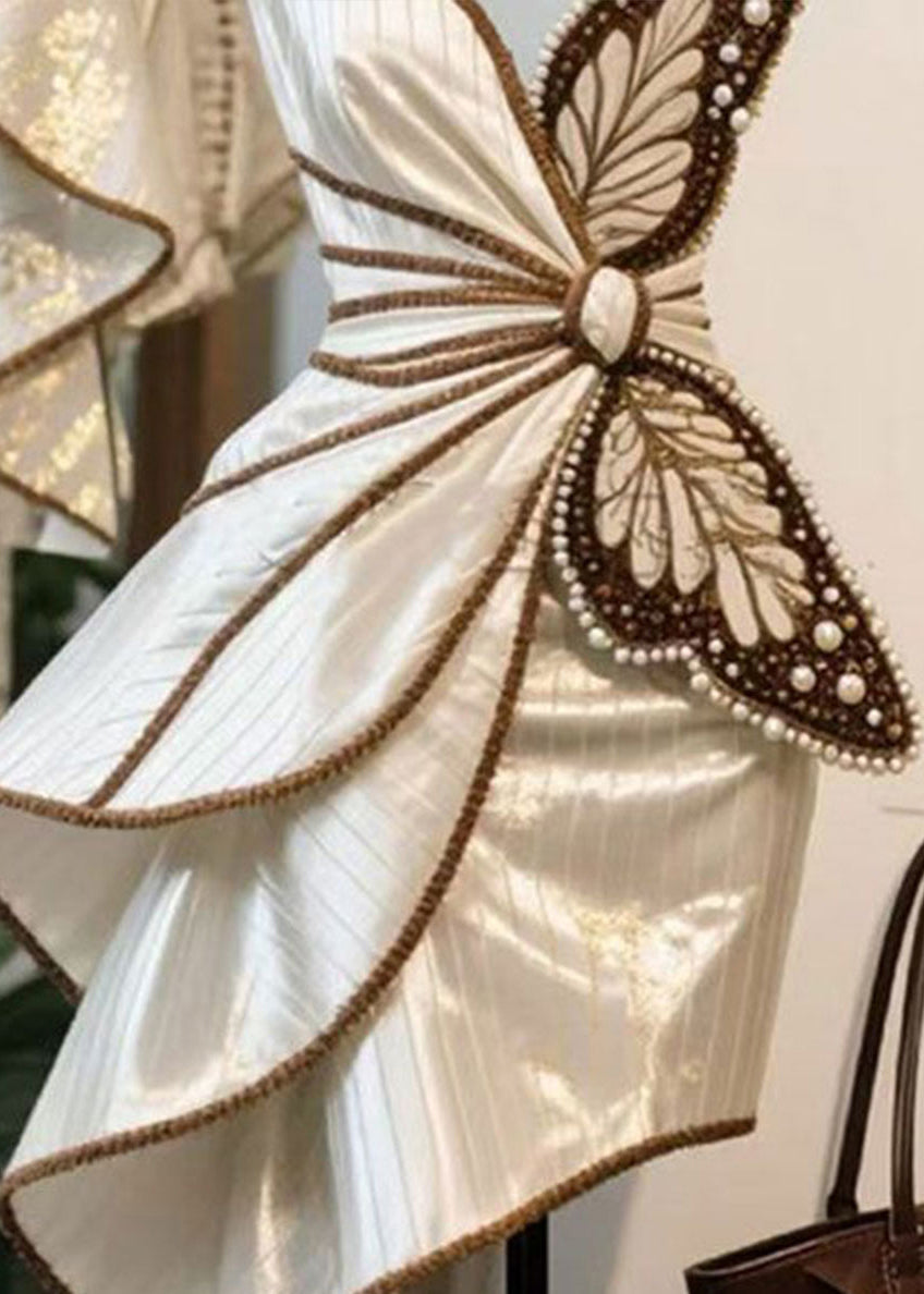 Butterfly Appliqué Pearl Bead Pinstripe Tiered Asymmetrical Spaghetti Strap Mini Dress