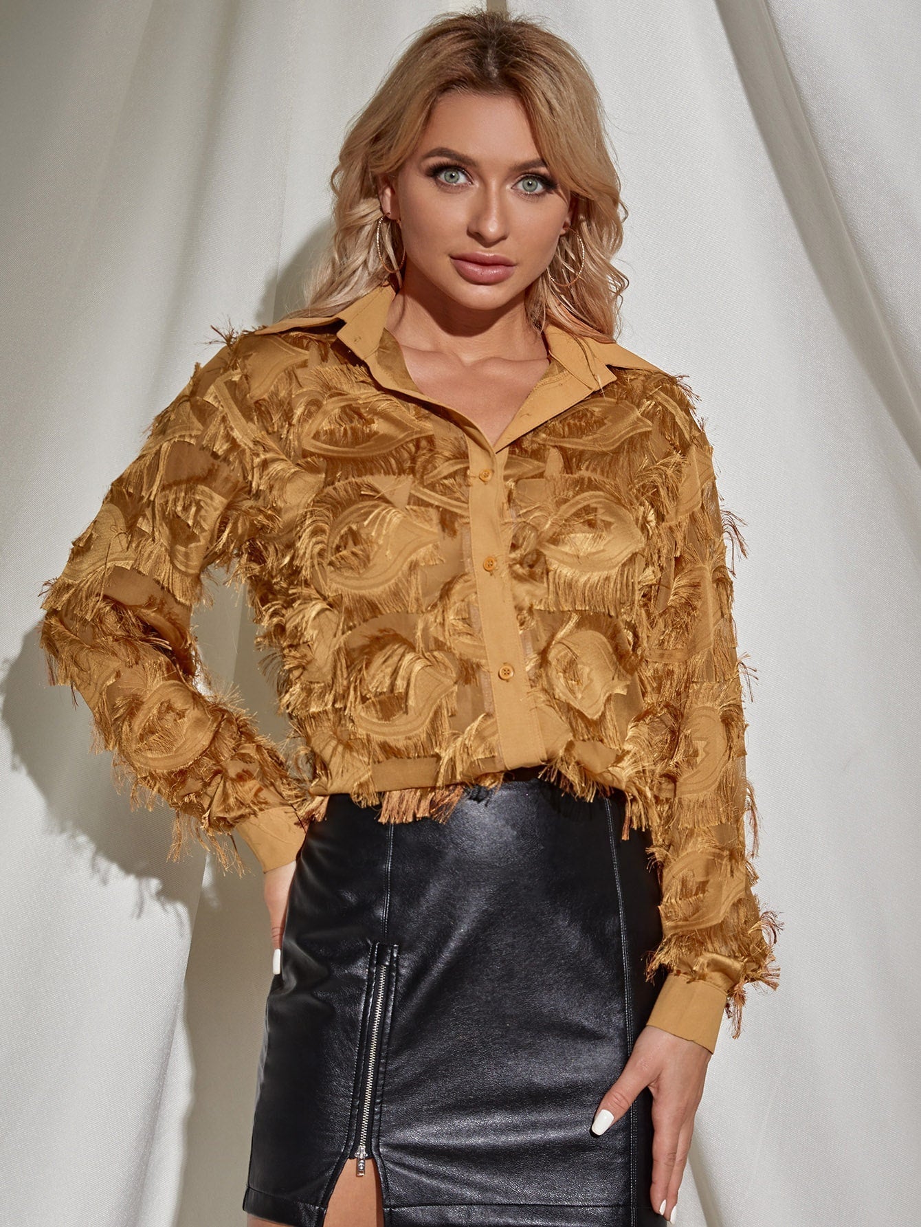 Button Front Fringe Trim Blouse