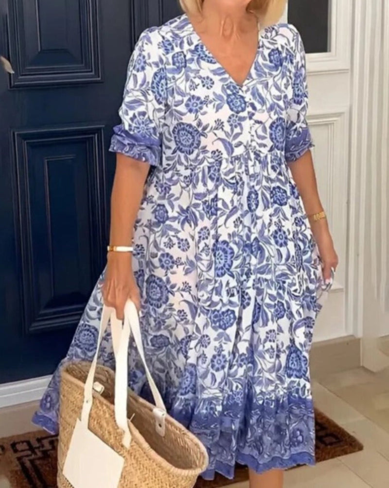 Floral V-Neck Short Sleeve Tiered Maxi Dress