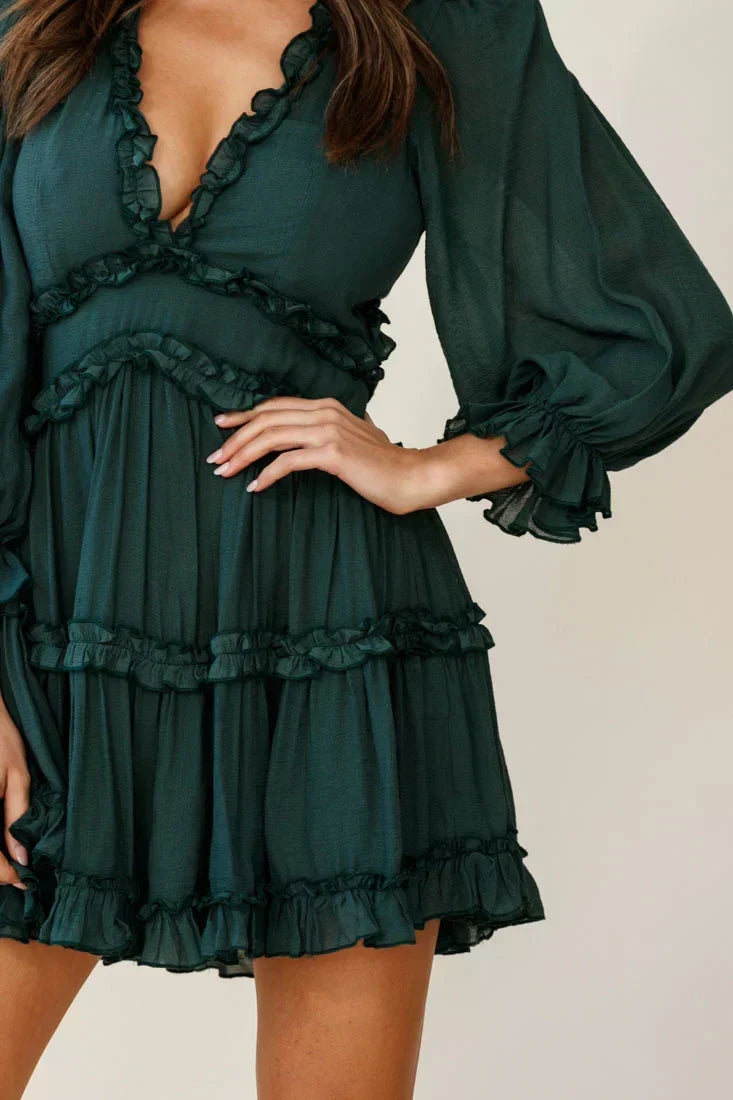 Ruffle Trim Plunge V-Neck Balloon Sleeve Tiered Mini Dress 6