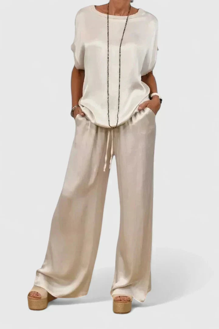 Round Neck Short Sleeve Top and Wide Leg Drawstring Pants Two Piece Set