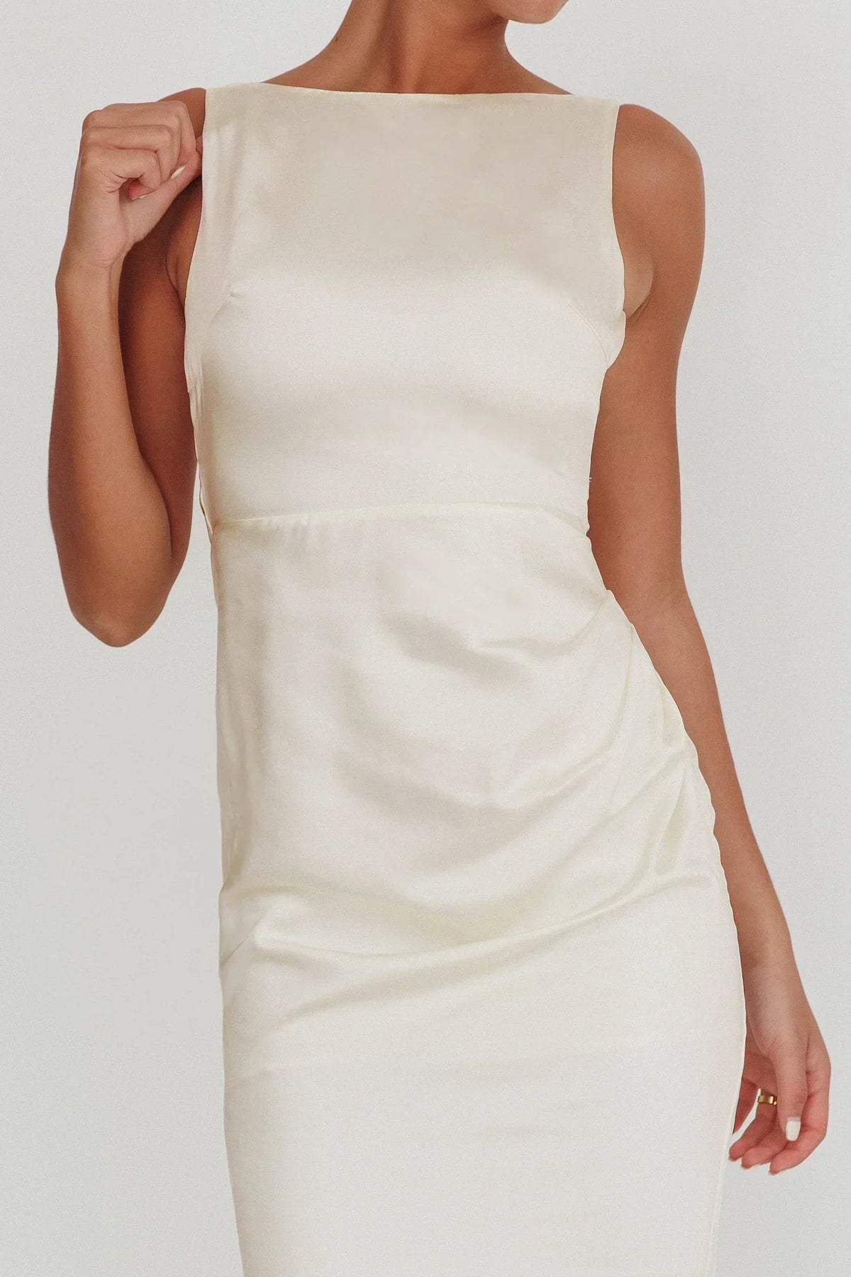 Satin Boat Neck Sleeveless Ruched Waist Column Midi Dress 8