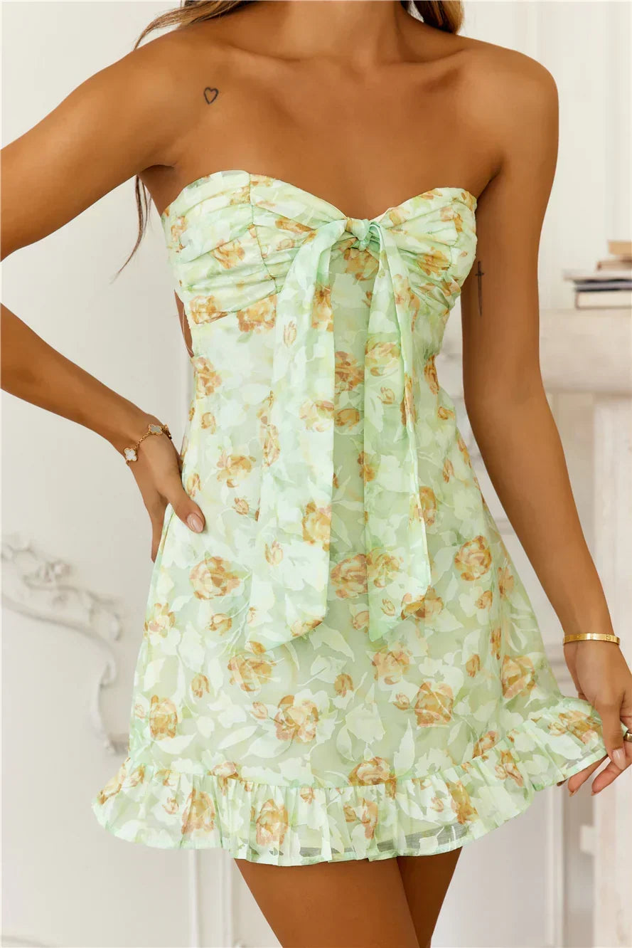 Floral Print Strapless Tie Front Ruffle Hem Mini Dress 4