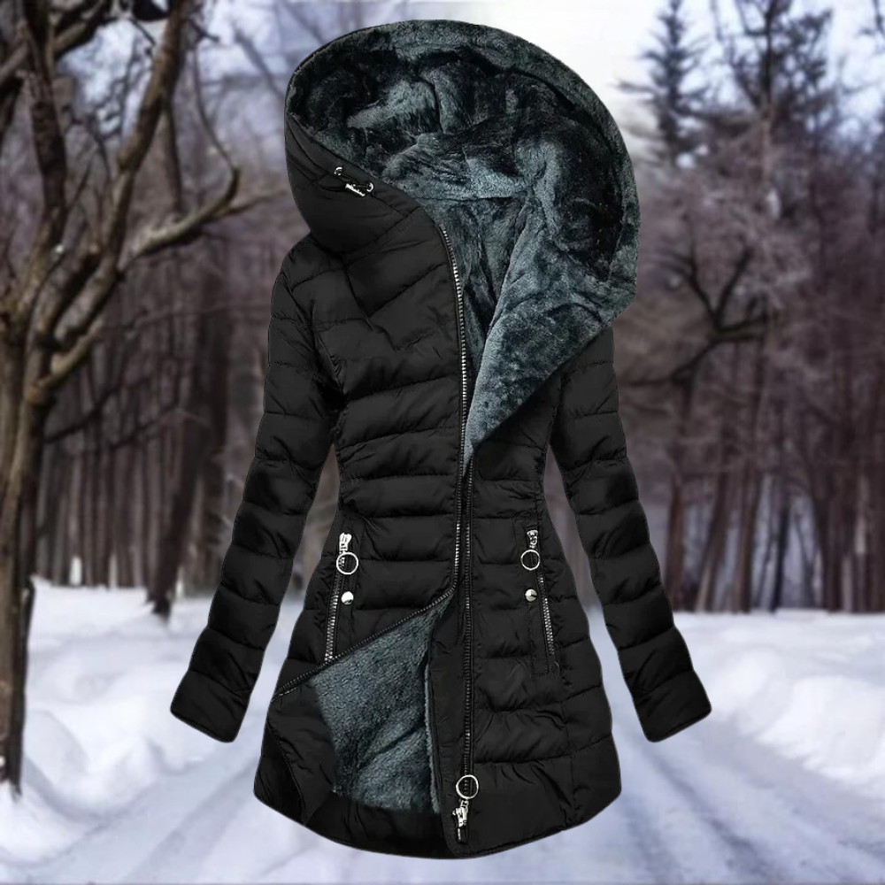 Hooded Zip Front Fleece Lined Longline Puffer Jacket