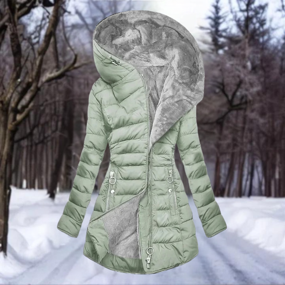 Hooded Zip Front Fleece Lined Longline Puffer Jacket
