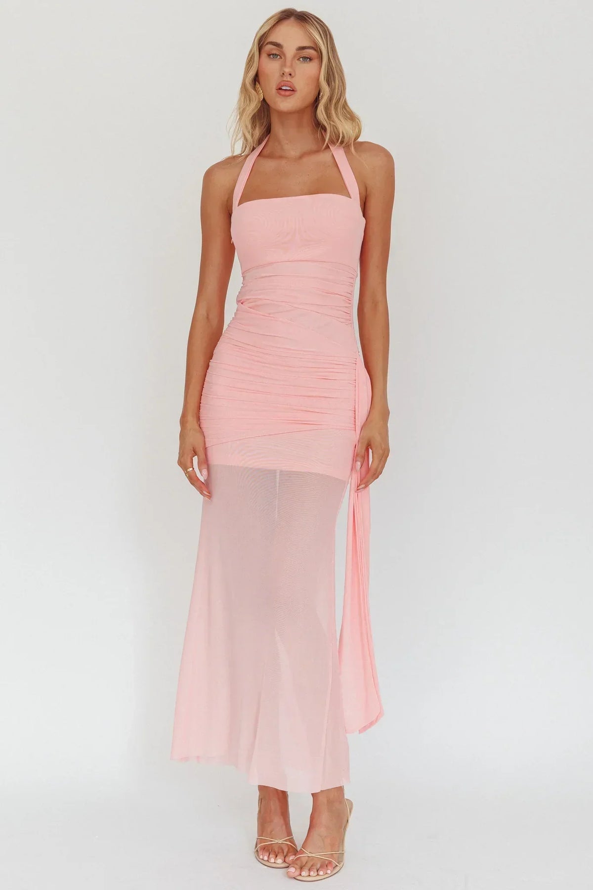 Mesh Halter Neck Ruched Side Drape Maxi Dress 5