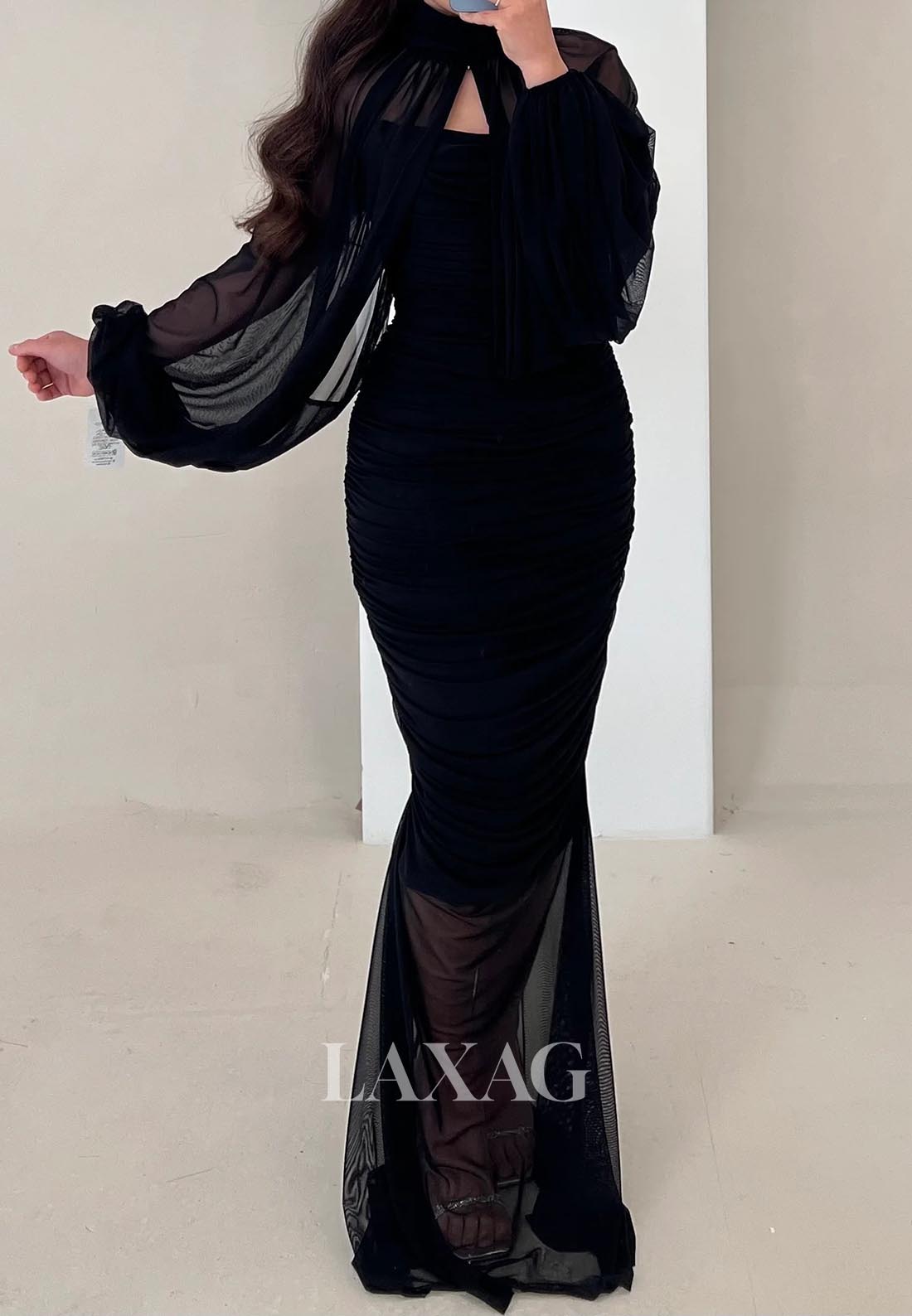 High-Neck Long-Sleeves Mermaid Evening Dress Pleated Sheer Tulle Floor-Length Formal Gowns