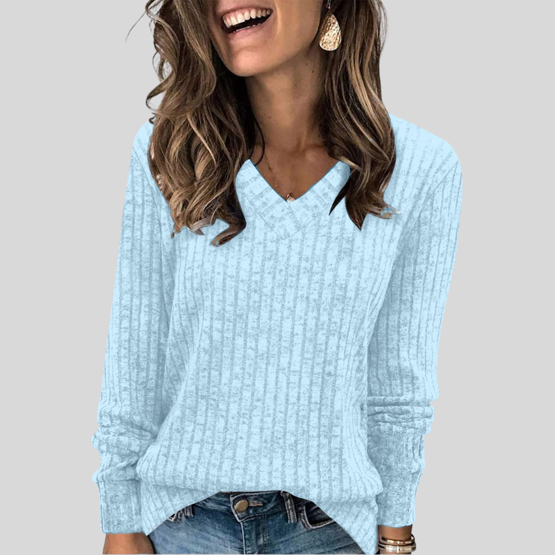 V-Neck Long Sleeve Ribbed Knit Sweater