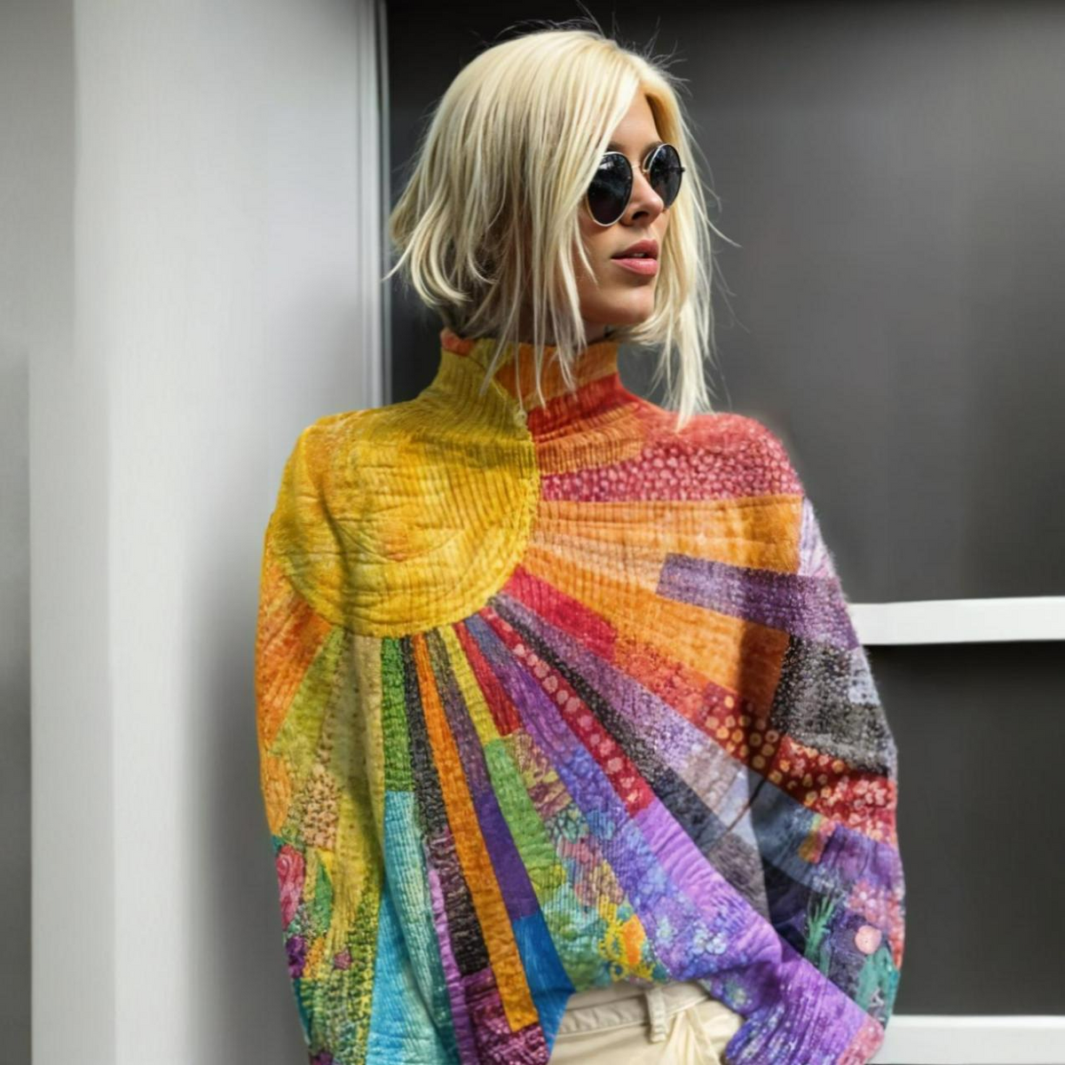 Turtleneck Long Sleeve Patchwork Print Knit Sweater