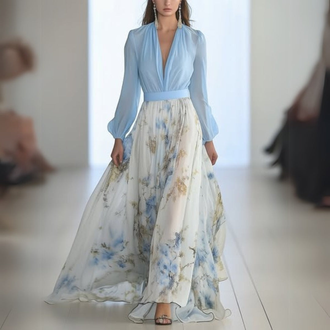 Floral Chiffon Deep V-Neck Long Sleeve Maxi Gown