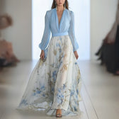 Floral Chiffon Deep V-Neck Long Sleeve Maxi Gown